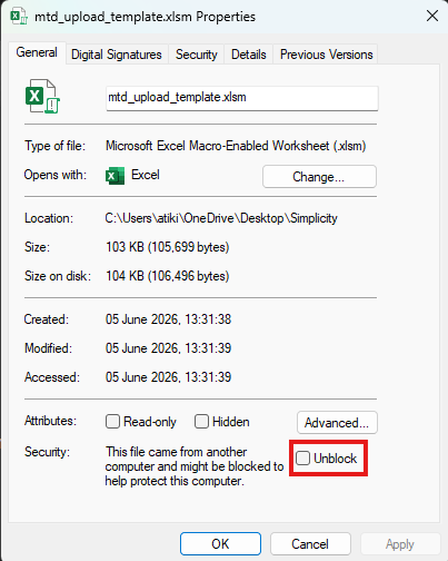Windows Properties dialog for VAT_Upload_Template.xlsm with the Unblock checkbox highlighted